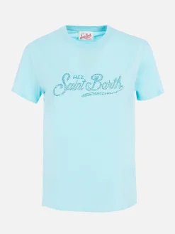 T-shirt girocollo in jersey di cotone verde acqua Emilie con strass da donna