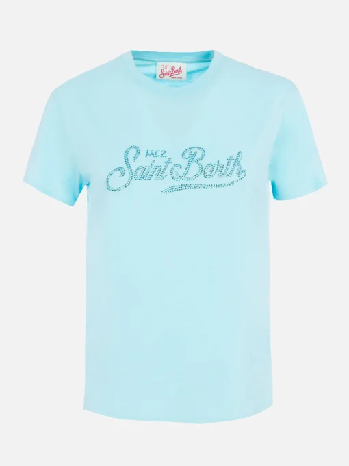 T-shirt girocollo in jersey di cotone verde acqua Emilie con strass da donna