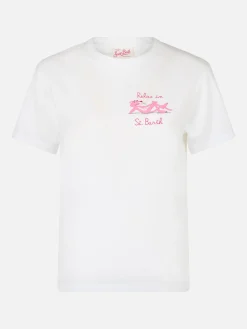 T-shirt girocollo in jersey di cotone bianco da donna Emiilie con ricamo Relax in St. Barth | EDIZIONE SPECIALE PINK PANTHER