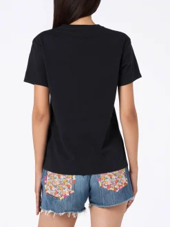 T-shirt girocollo in jersey di cotone nero da donna Emilie con ricamo Sono nera
