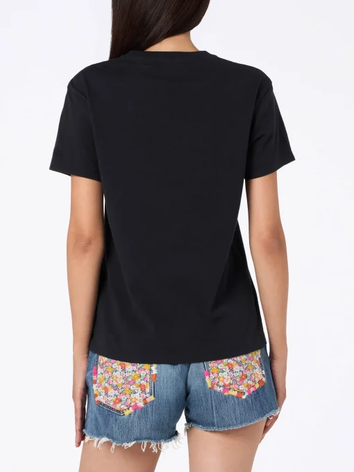 T-shirt girocollo in jersey di cotone nero da donna Emilie con ricamo Sono nera