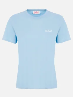 T-shirt girocollo in jersey di cotone azzurro chiaro da donna Emilie