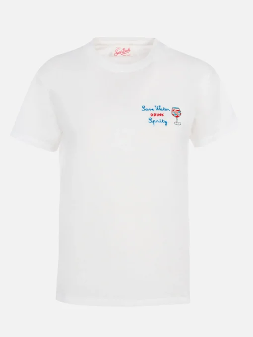 T-shirt girocollo in jersey di cotone da donna Emilie con ricamo Save water, Drink spritz