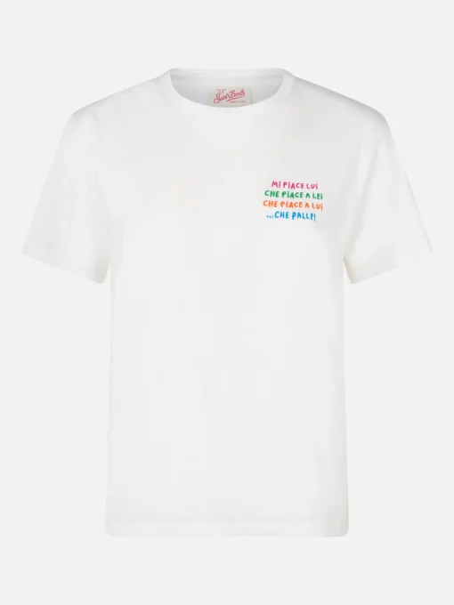 T-shirt girocollo in jersey di cotone bianco da donna Emiilie con ricamo Mi piace lui...