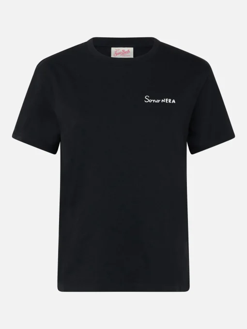 T-shirt girocollo in jersey di cotone nero da donna Emilie con ricamo Sono nera