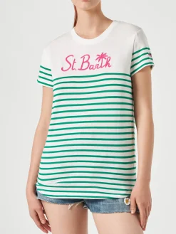 T-shirt in cotone a righe verdi con ricamo St. Barth