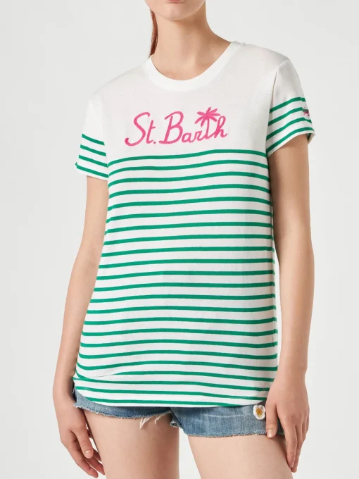 T-shirt in cotone a righe verdi con ricamo St. Barth