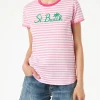 T-shirt in cotone a righe fucsia con ricamo St. Barth