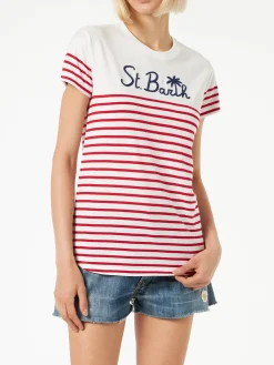 T-shirt in cotone a righe rosse con ricamo St. Barth