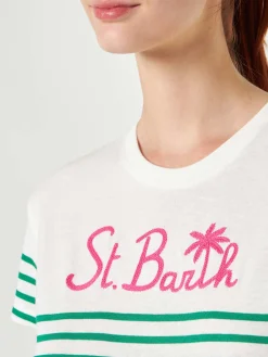 T-shirt in cotone a righe verdi con ricamo St. Barth
