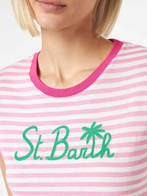 T-shirt in cotone a righe fucsia con ricamo St. Barth