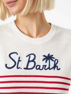 T-shirt in cotone a righe rosse con ricamo St. Barth