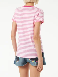 T-shirt in cotone a righe fucsia con ricamo St. Barth