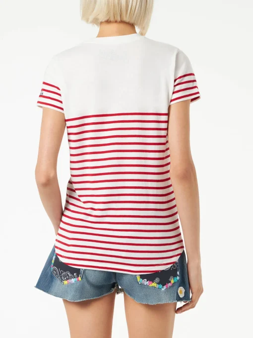 T-shirt in cotone a righe rosse con ricamo St. Barth