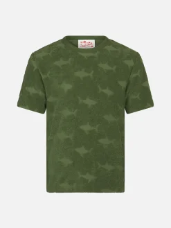 T-shirt militare da bambino in spugna Gary con motivo squalo in rilievo