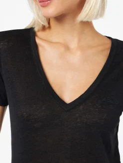 T-shirt nera scollo a V Eloise in jersey di lino