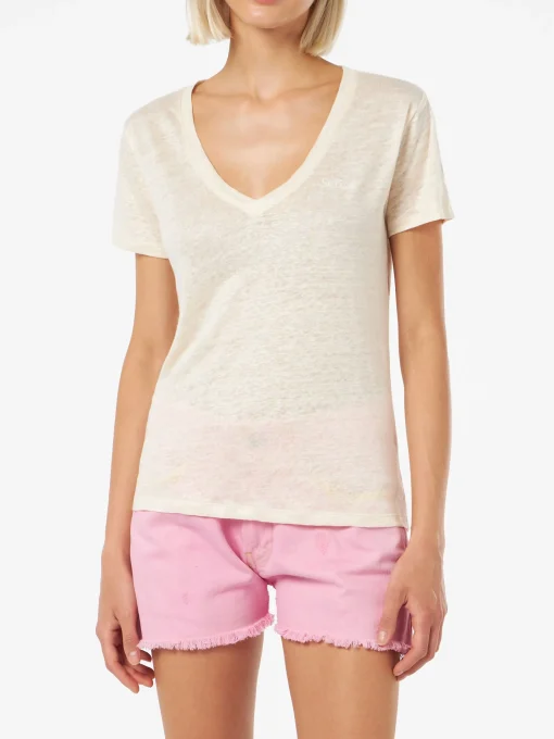 T-shirt scollo a V color bianco sporco Eloise in jersey di lino