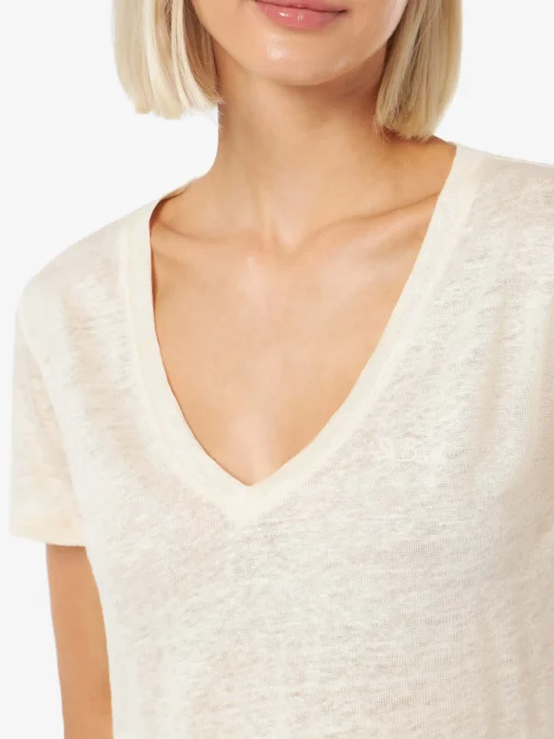 T-shirt scollo a V color bianco sporco Eloise in jersey di lino