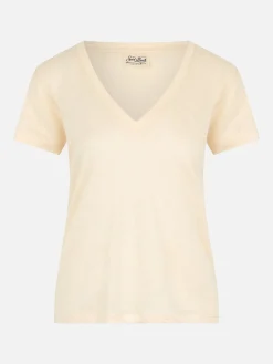 T-shirt scollo a V color bianco sporco Eloise in jersey di lino