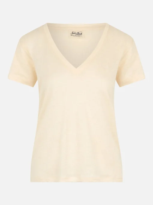 T-shirt scollo a V color bianco sporco Eloise in jersey di lino