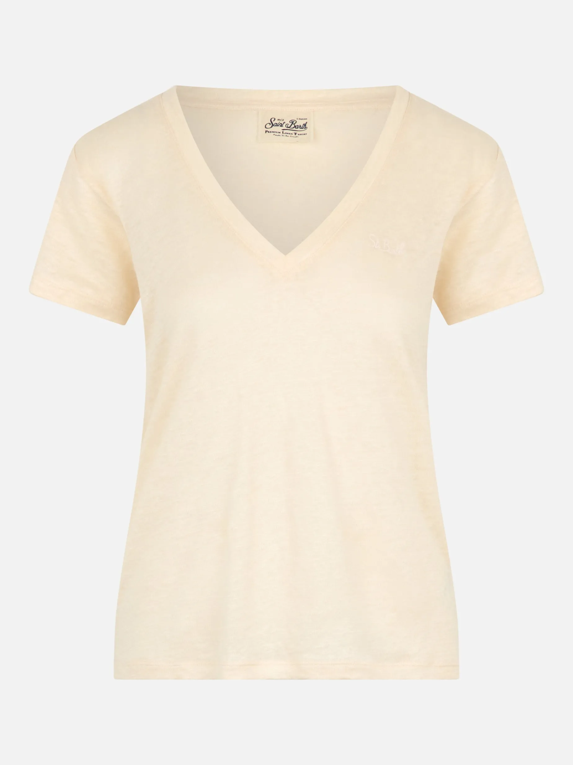 T-shirt scollo a V color bianco sporco Eloise in jersey di lino