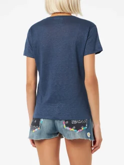 T-shirt scollo a V Eloise in jersey di lino blu navy