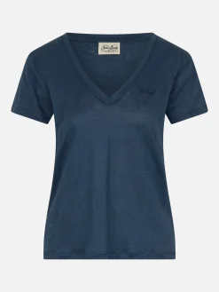T-shirt scollo a V Eloise in jersey di lino blu navy
