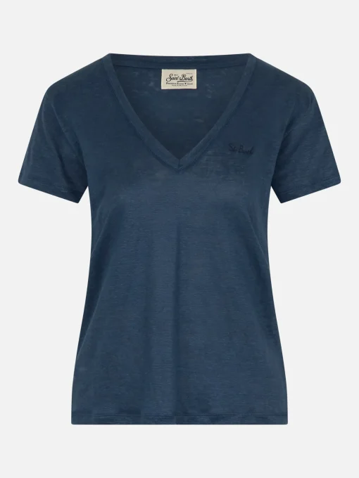 T-shirt scollo a V Eloise in jersey di lino blu navy