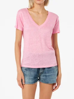 T-shirt scollo a V rosa Eloise in jersey di lino