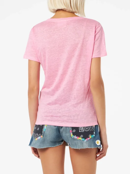 T-shirt scollo a V rosa Eloise in jersey di lino