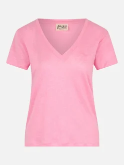 T-shirt scollo a V rosa Eloise in jersey di lino