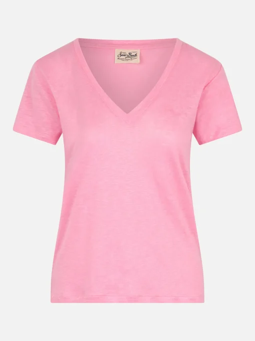 T-shirt scollo a V rosa Eloise in jersey di lino