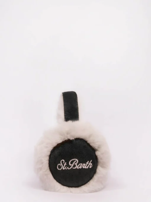 Woman black suede effect earmuffs with furry details and wireless speaker