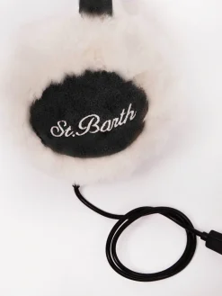Woman black suede effect earmuffs with furry details and wireless speaker