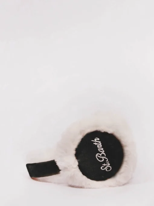 Woman black suede effect earmuffs with furry details and wireless speaker