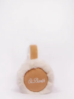 Woman camel suede effect earmuffs with furry details and wireless speaker