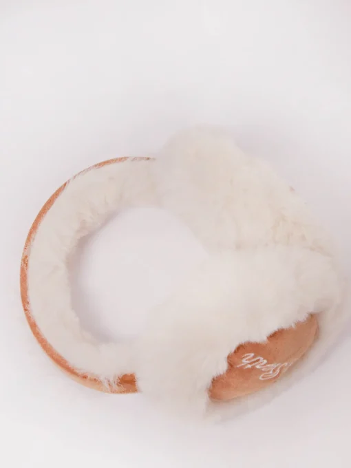 Woman camel suede effect earmuffs with furry details and wireless speaker
