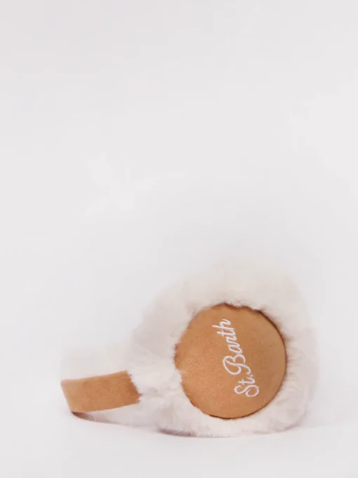Woman camel suede effect earmuffs with furry details and wireless speaker